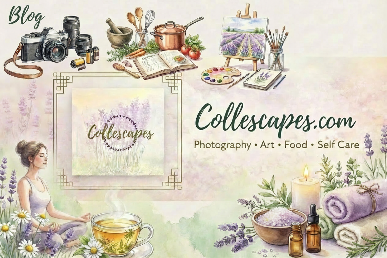 Collescapes.com Photography • Art • Food • Self Care banner with a meditating woman and lavender.